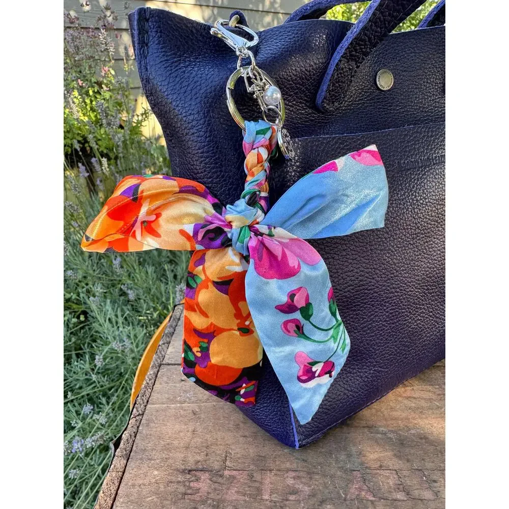 Satin Orange Pink Blue Floral Print Bow Bag Charm Floral Purse Charm